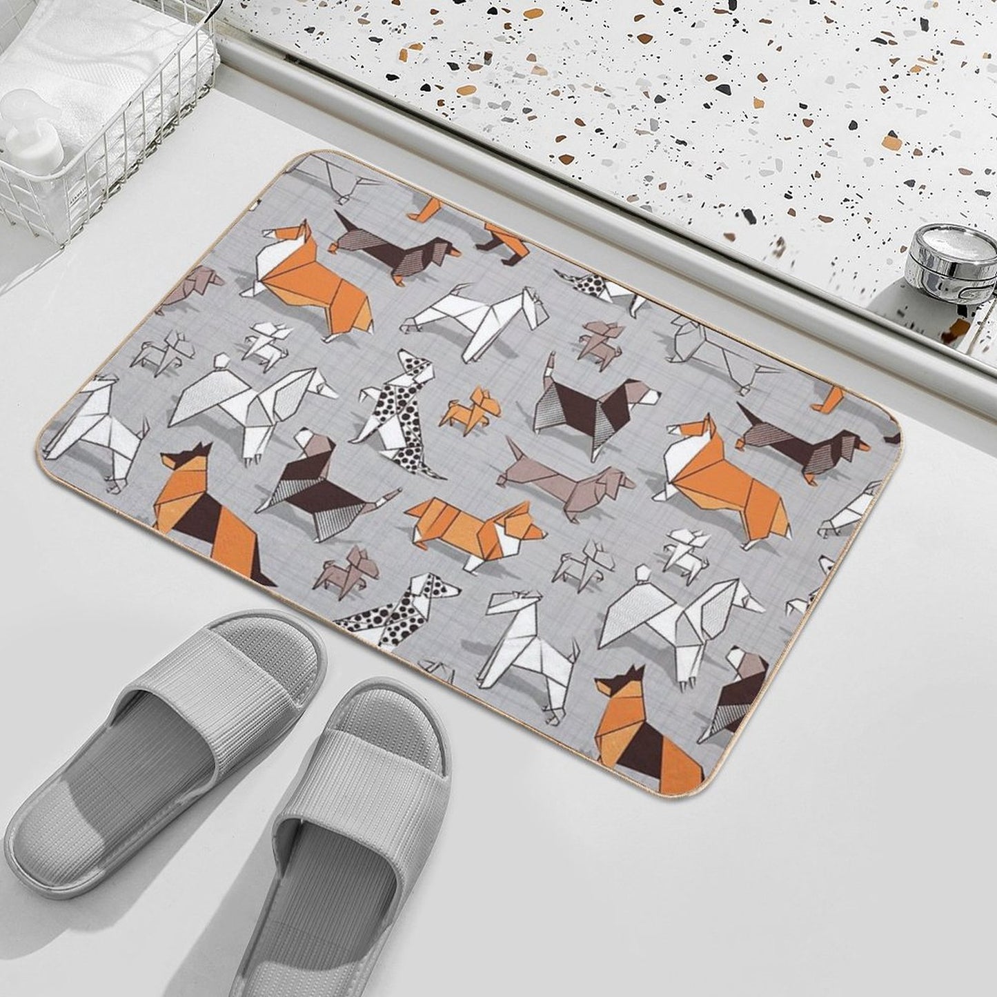Origami Doggie Friends  Grey Linen Texture Background Bath Mat
