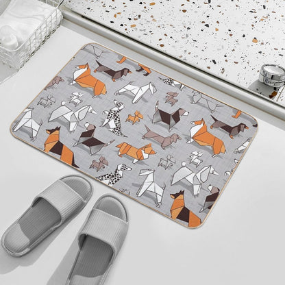 Origami Doggie Friends  Grey Linen Texture Background Bath Mat