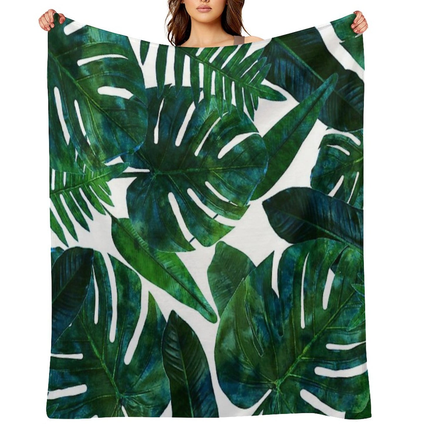 Tropical Nature Monstera Watercolor Painting, Botanical Jungle Dark Palm Illustration Throw Blanket