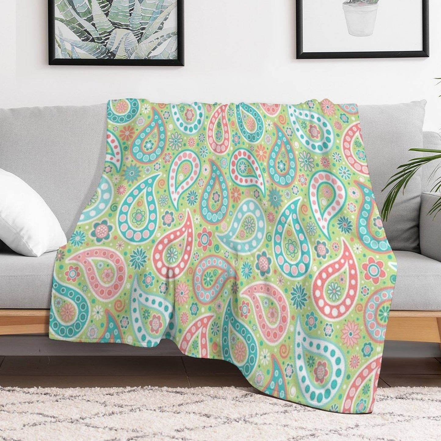 Paisley in Green, Turquoise Blue, Coral Pink And White Throw Blanket