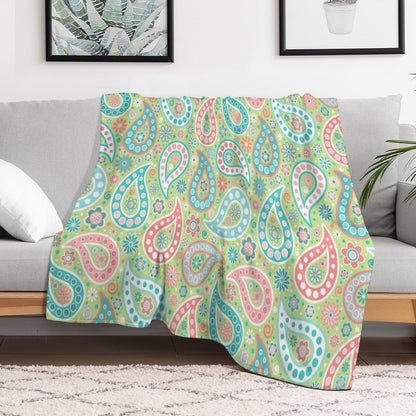 Paisley in Green, Turquoise Blue, Coral Pink And White Throw Blanket