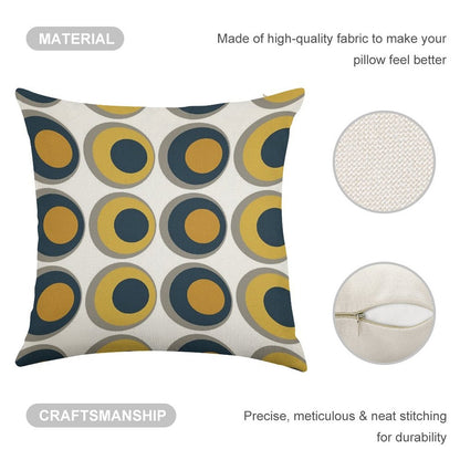 Double Dots Retro Pattern in Light And Dark Mustard Yellow, Navy Blue, Grey, And White Linen Throw Pillow Cover