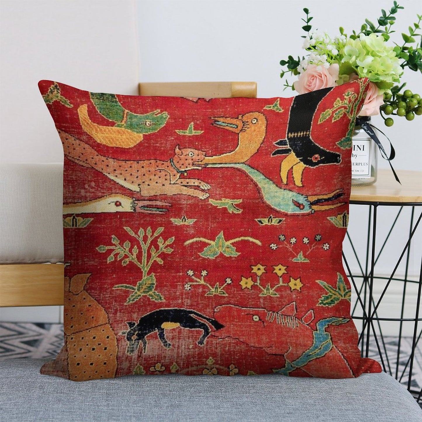 Animal Grotesques Mughal Carpet Fragment Linen Throw Pillow Cover