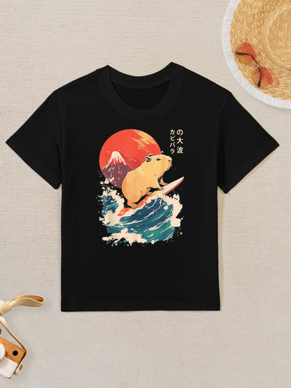 Japanese Capybara Surfing Wave Great Wave Japan Kids T-Shirt