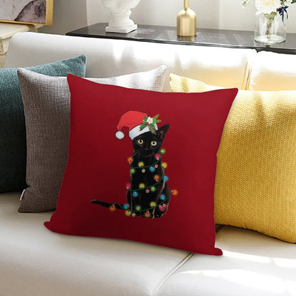 Santa Black Cat Tangled Up In Christmas Tree Lights Holiday Soft Washable Throw Pillow