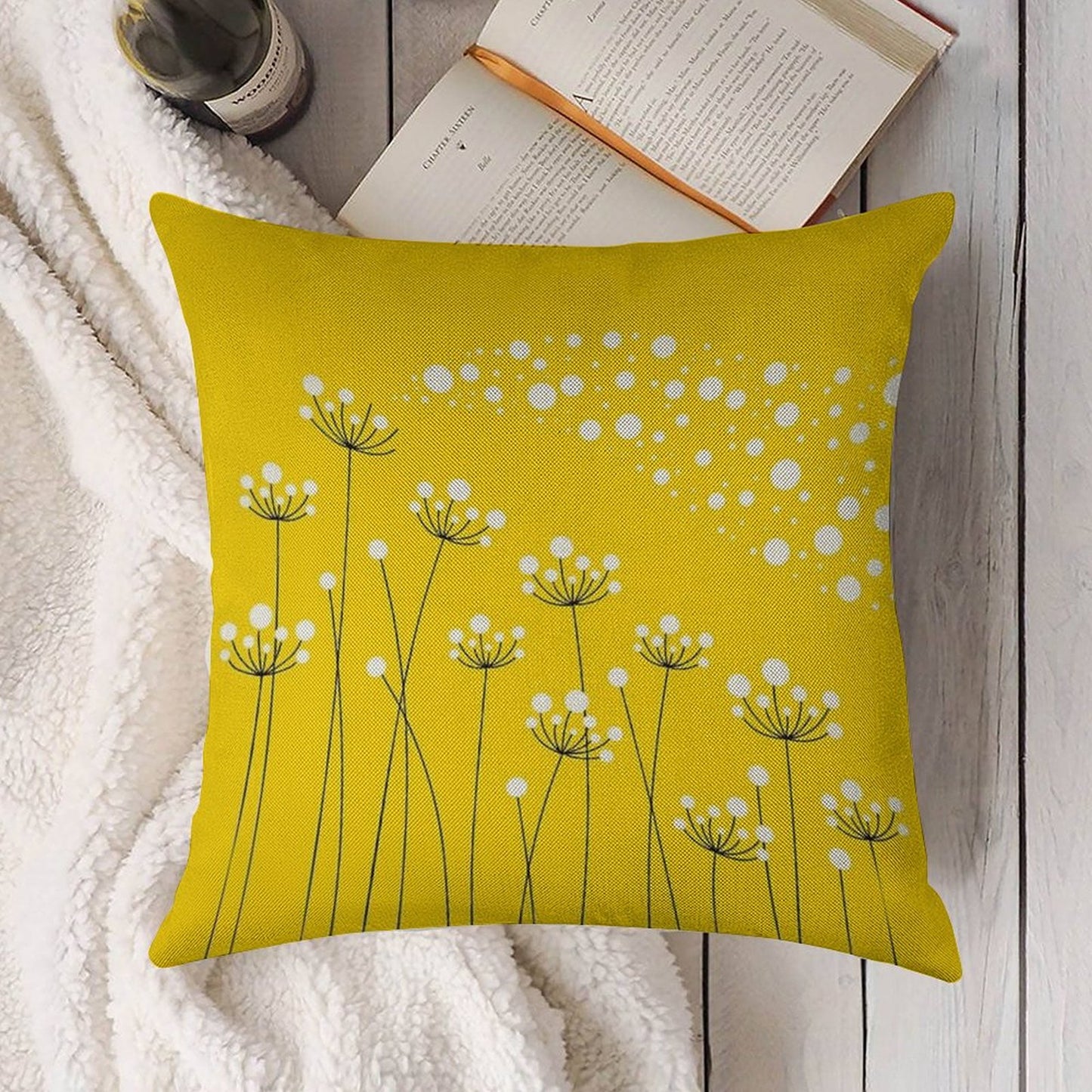 Dandelions (on Yellow) Linen Throw Pillow Cover