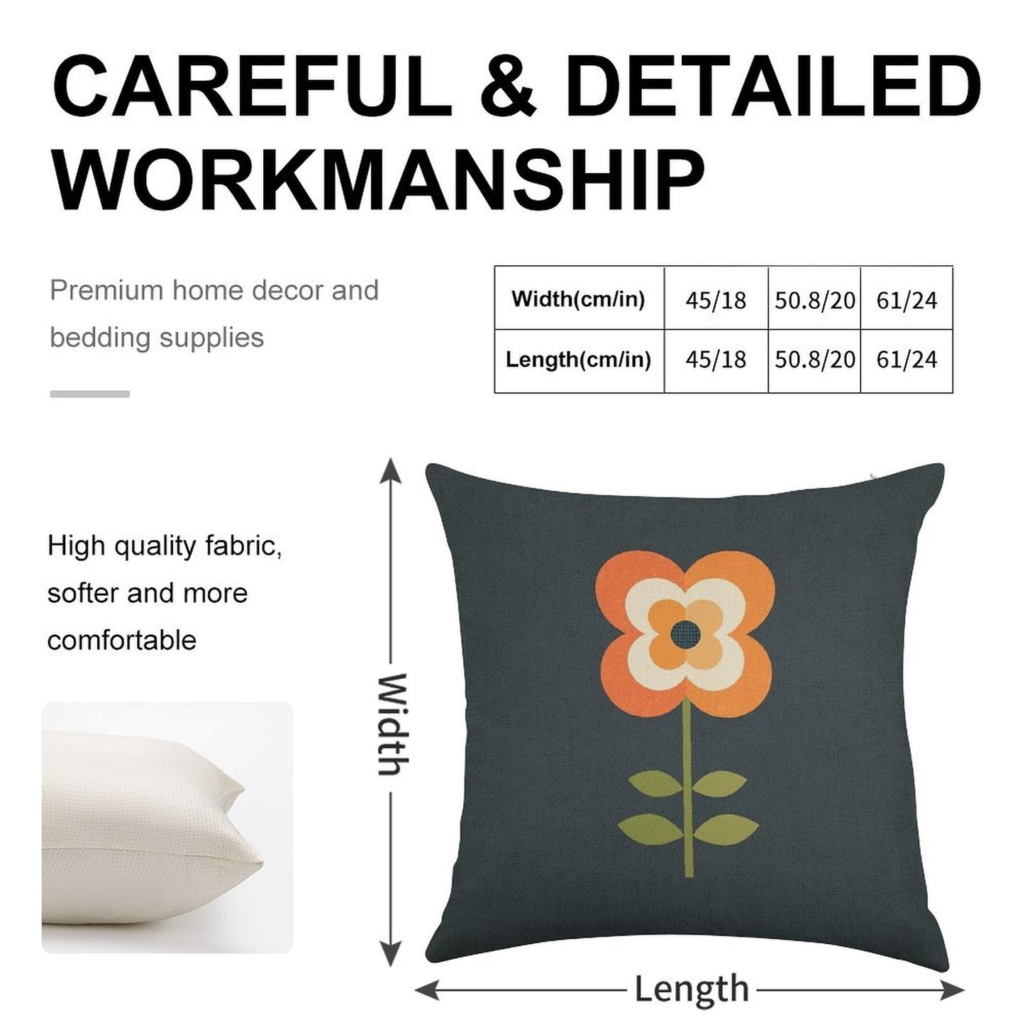 Retro Flower - Orange And Charcoal Linen Throw Pillow Cover