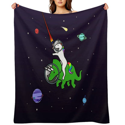 Unicorn Riding Triceratops In Space Throw Blanket
