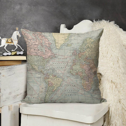 Vintage World Map Linen Throw Pillow Cover