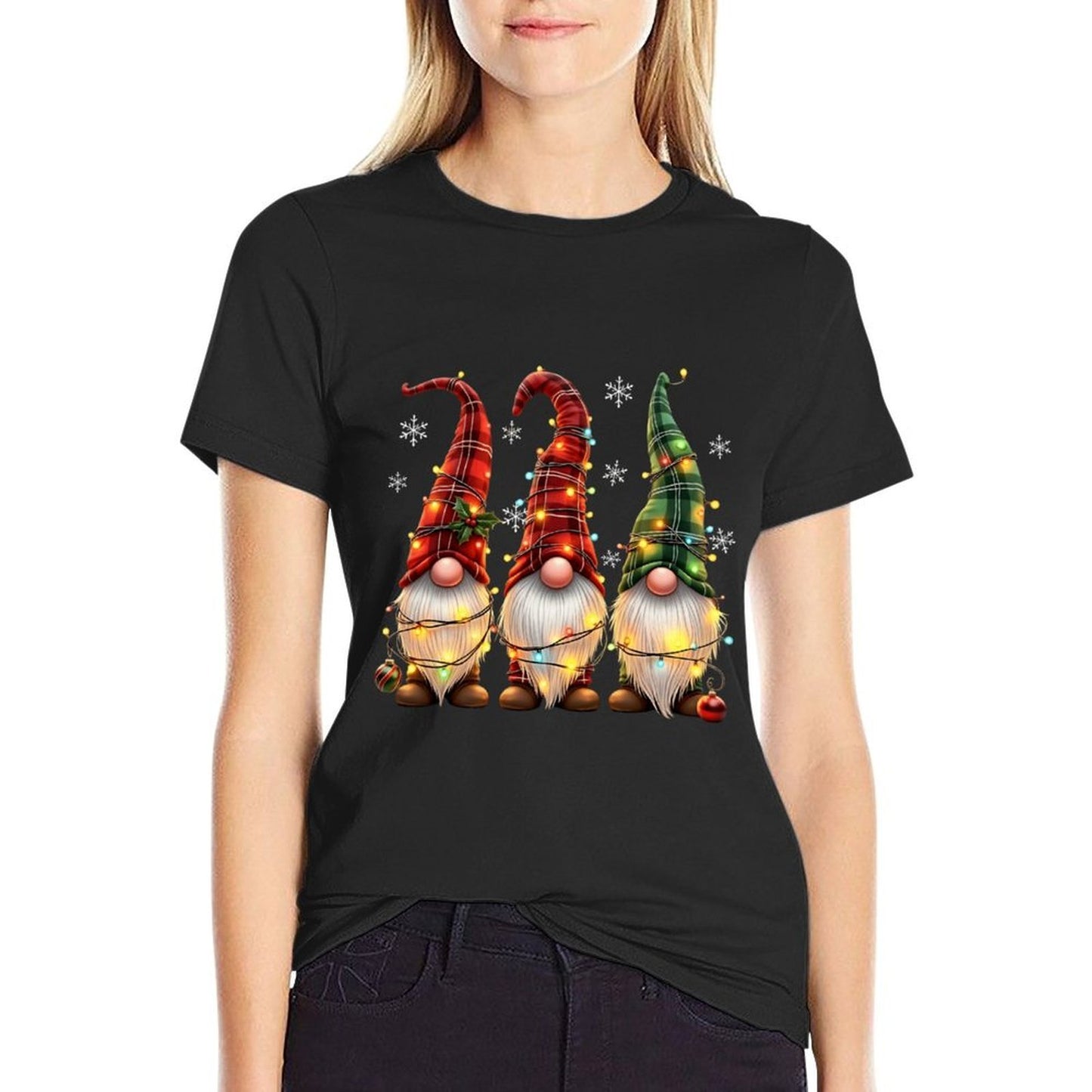 Three Gnomes Men Women Buffalo Plaid Red Christmas  Oversized Silhouette T-Shirt