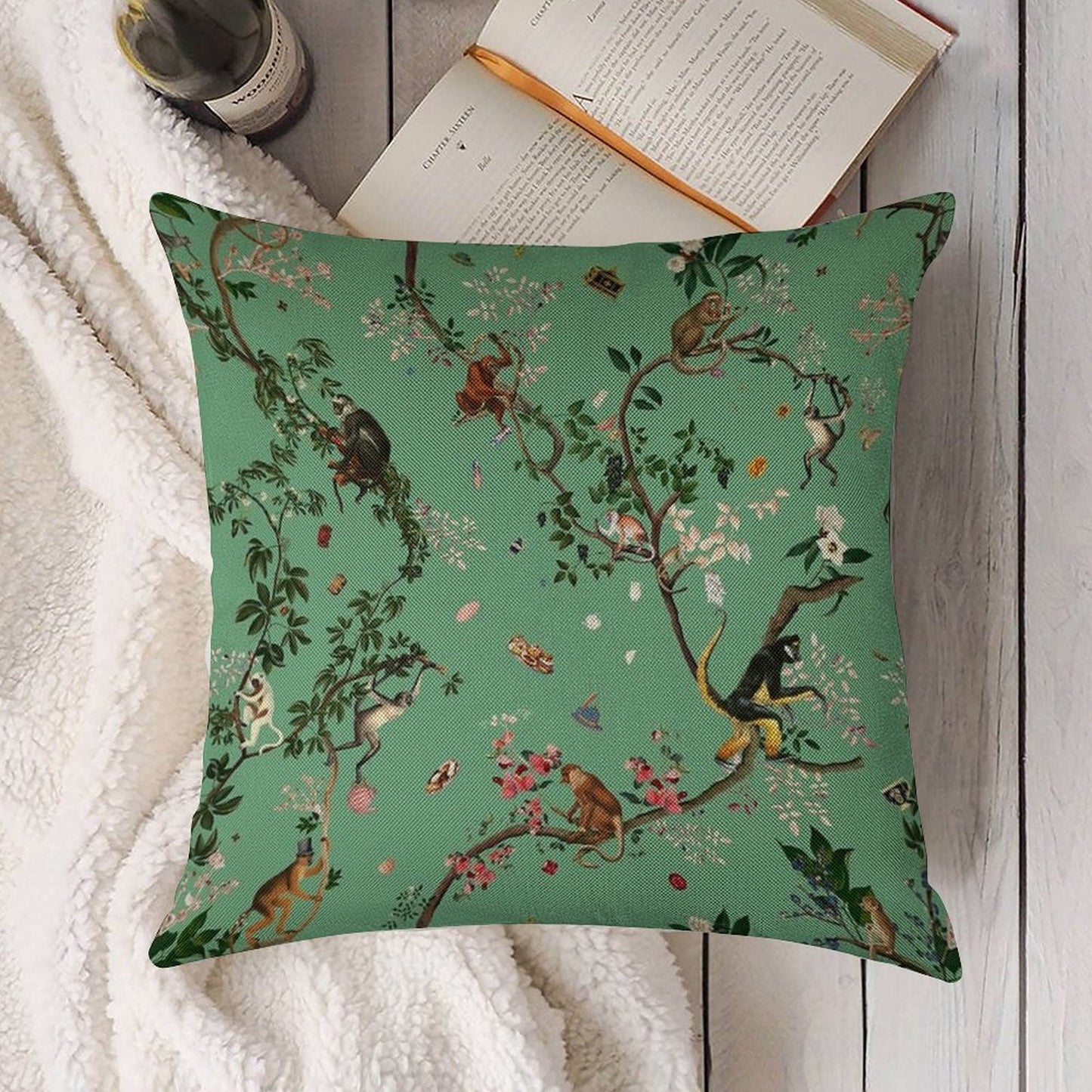 Monkey World Green Linen Throw Pillow Cover