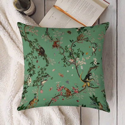 Monkey World Green Linen Throw Pillow Cover