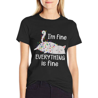 Im Fine Everything Is Fine Christmas Lights Funny Cat Lover  Durable T-Shirt