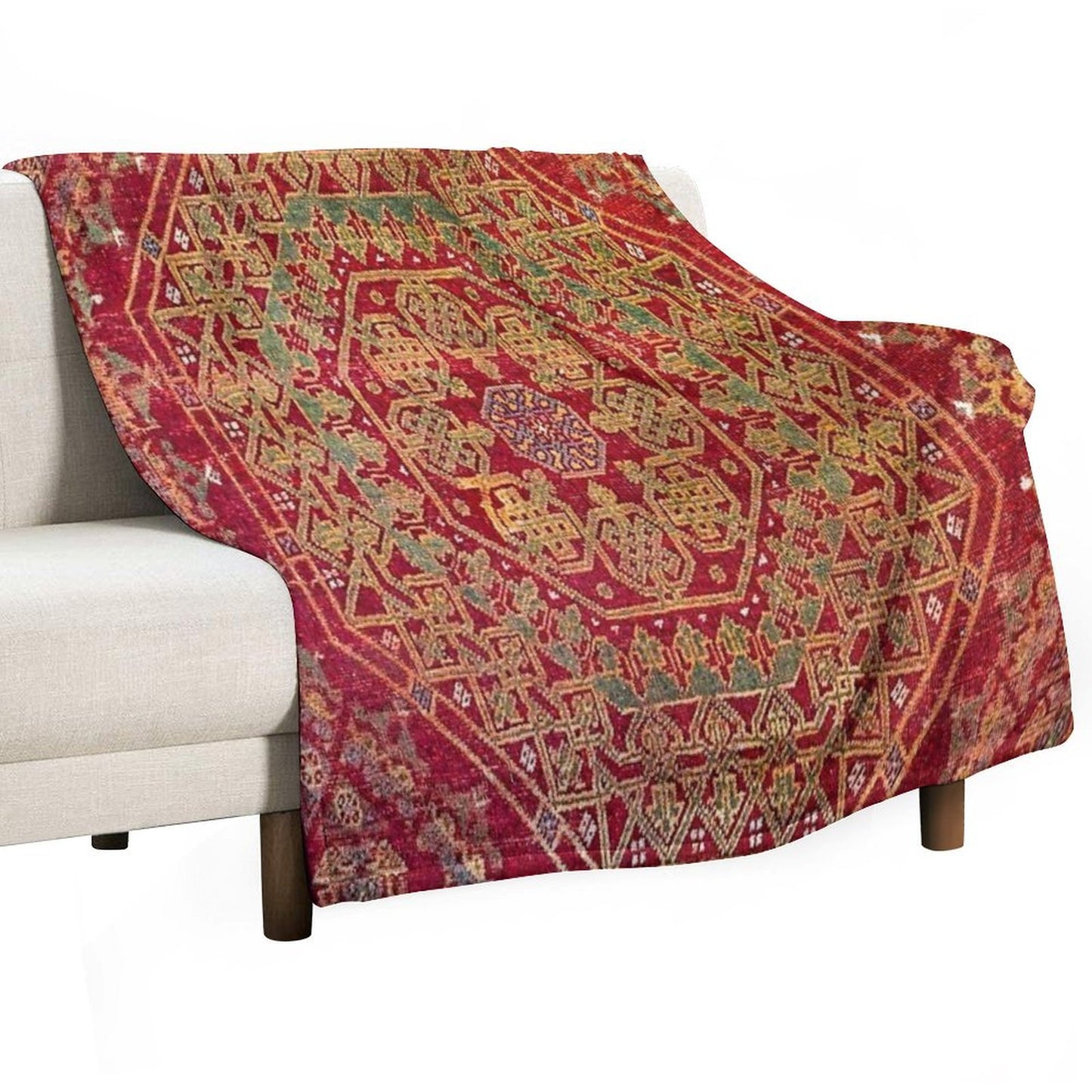 Bohemian Medallion VII  15th Century Old Distressed Red Green Coloful Ornate Accent Rug Pattern Throw Blanket