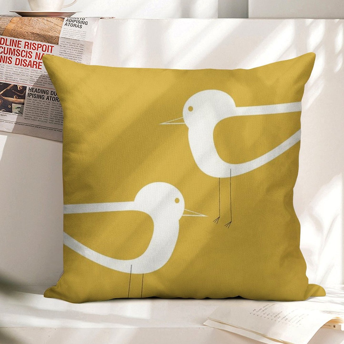 Shorebird Pair in Light Mustard Yellow And White. Minimalist. Clean. Cute. Coastal Linen Throw Pillow Cover