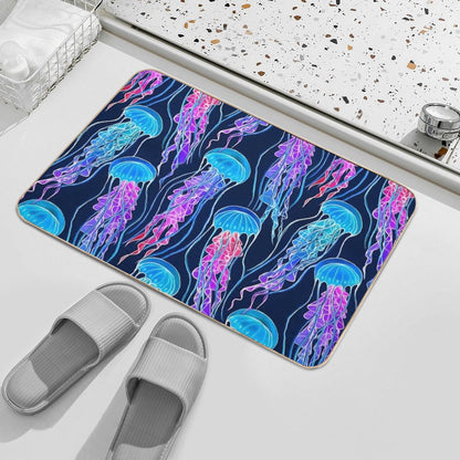 Luminescent Rainbow Jellyfish on Navy Blue Bath Mat