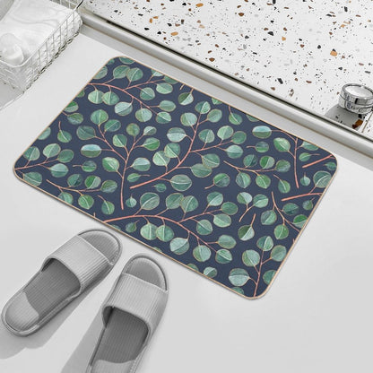 Simple Silver Dollar Eucalyptus Leaves on Navy Blue Bath Mat
