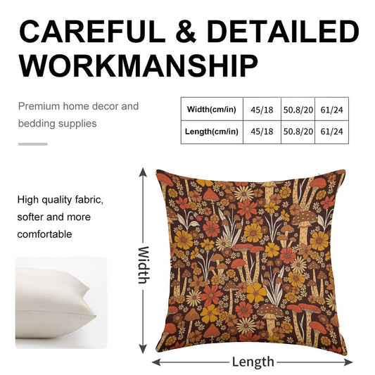 Retro 1970s Brown & Orange Mushrooms & Flowers Linen Throw Pillow Cover
