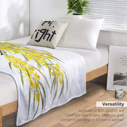 Hand Painted Golden Wattle Flower Watercolor Throw Blanket