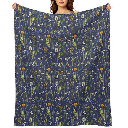 Bees And Wildflowers  Dark Blue Throw Blanket