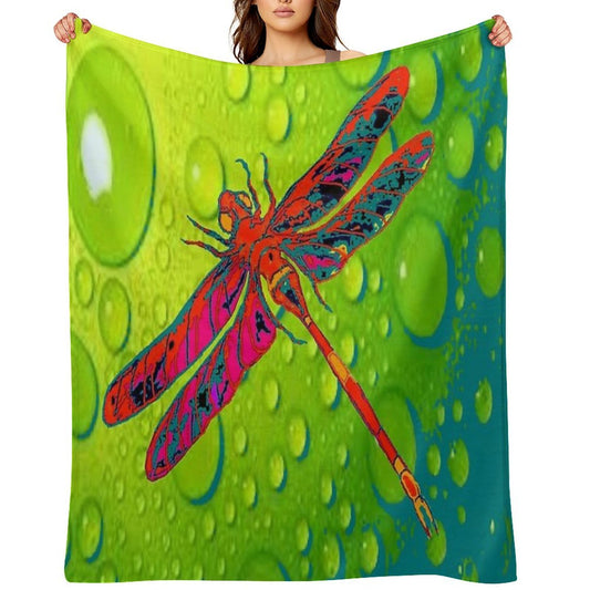 RED DRAGONFLY GREEN DEW PATTERN ART Throw Blanket