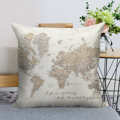 Life Is A Jouney Best Travelled Together, World Map, Abey Linen Throw Pillow Cover