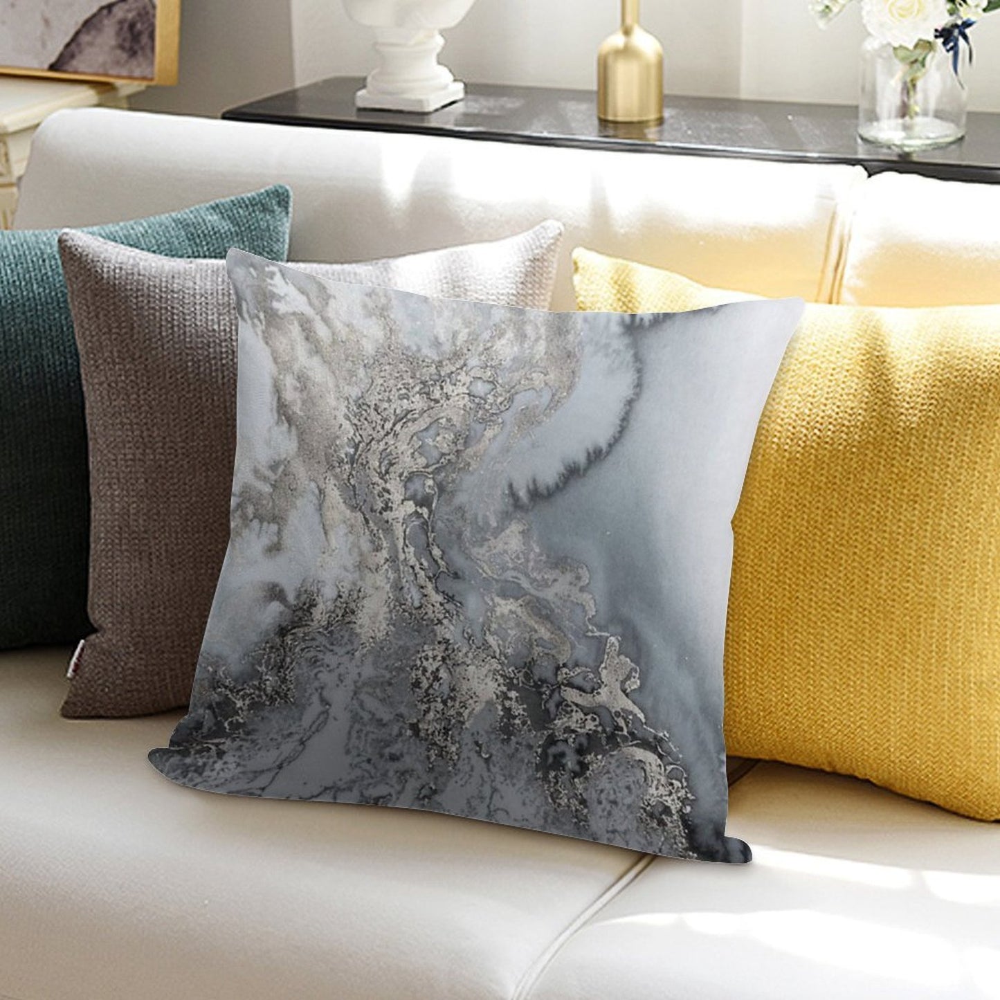 Gray Silver Snow Marble Print Soft Short Plush Fabric Throw Pillow