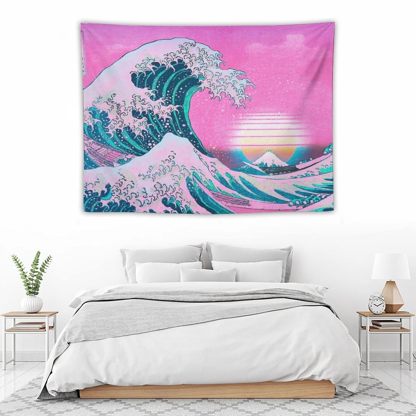 Vaporwave Aesthetic Great Wave Off Kanagawa Retro Sunset Tapestry