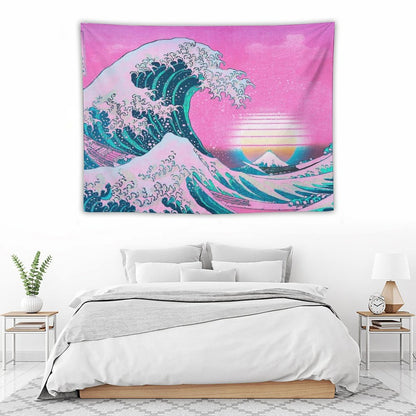 Vaporwave Aesthetic Great Wave Off Kanagawa Retro Sunset Tapestry