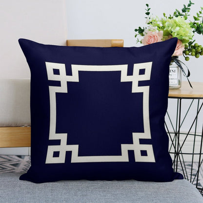 Greek Key Square White On Navy Blue Linen Throw Pillow Cover
