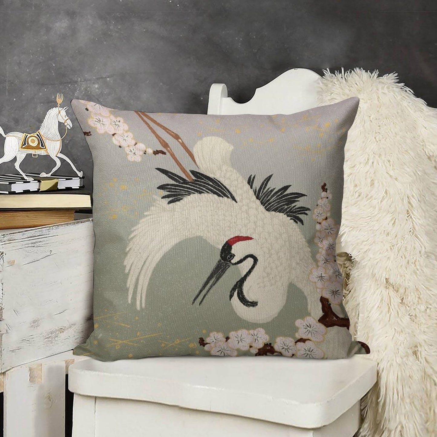 Japanese Crane Linen Throw Pillow Cover