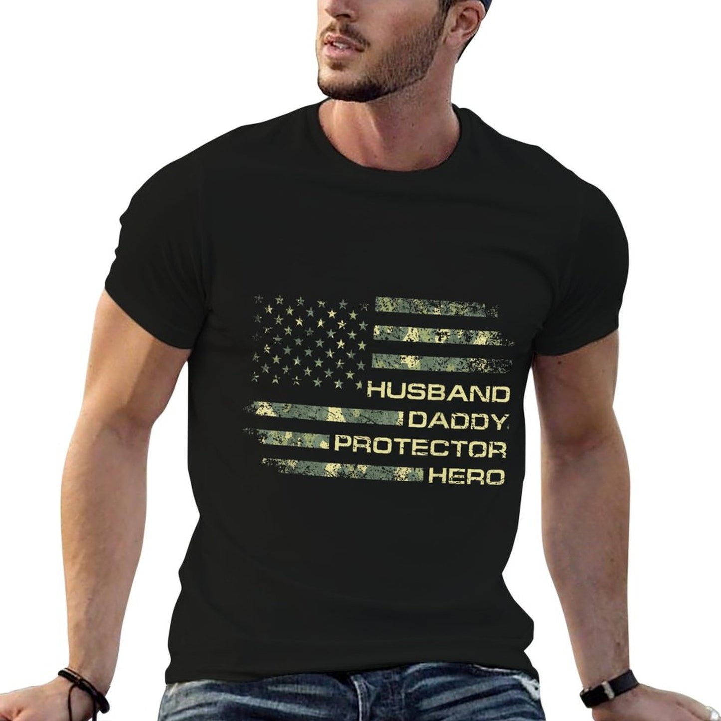 Husband Daddy Protector Hero Fathers Day Camo American Flag T-Shirt