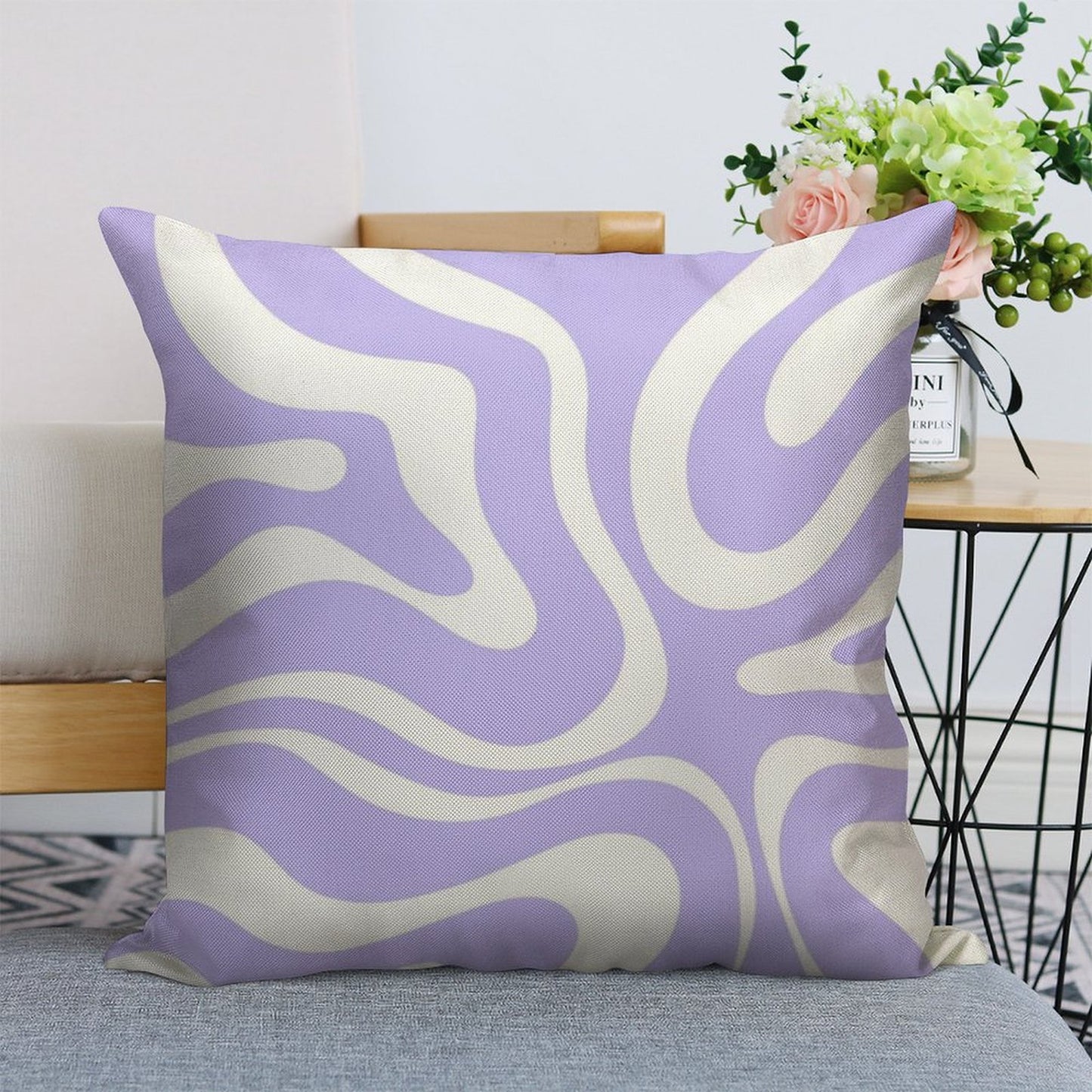 Retro Modern Liquid Swirl Abstract Pattern Square in Light Purple And White Linen Throw Pillow Cover
