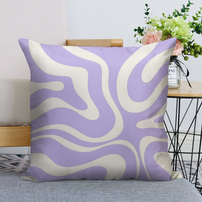 Retro Modern Liquid Swirl Abstract Pattern Square in Light Purple And White Linen Throw Pillow Cover