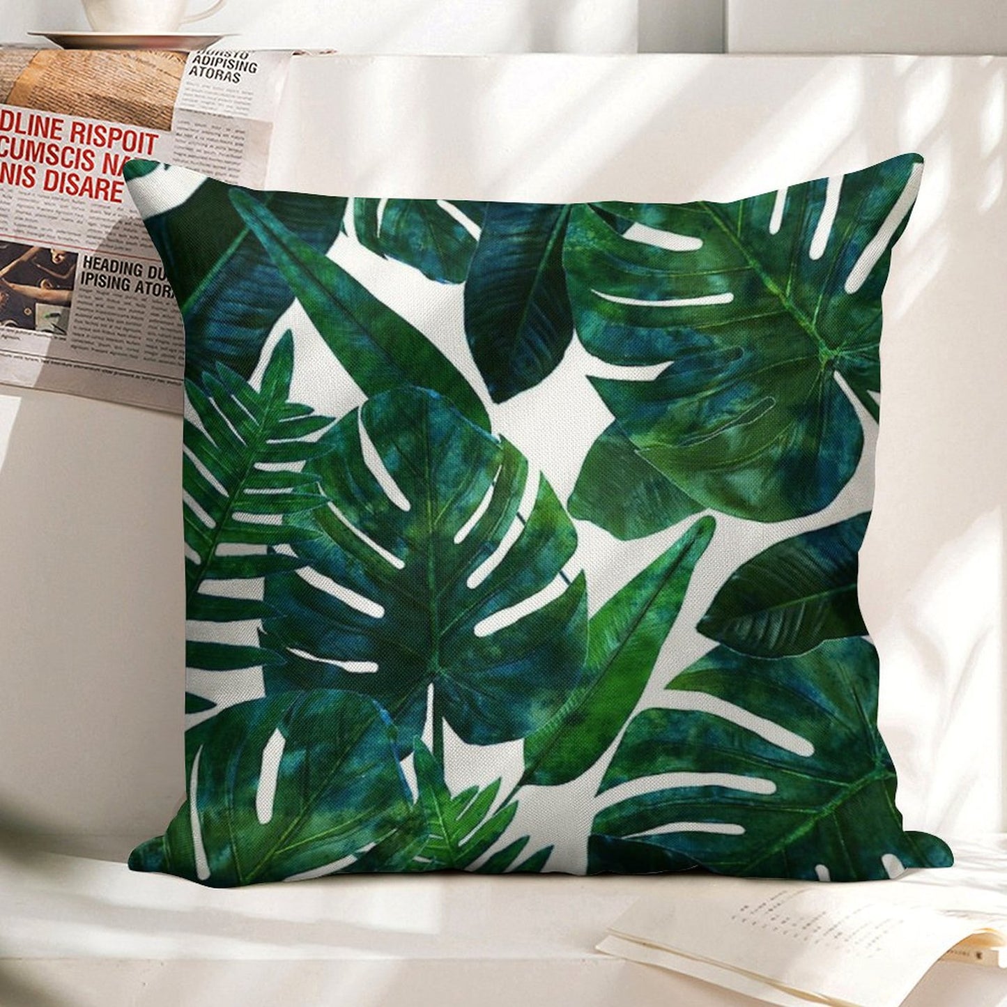 Tropical Nature Monstera Watercolor Painting, Botanical Jungle Dark Palm Illustration Linen Throw Pillow Cover