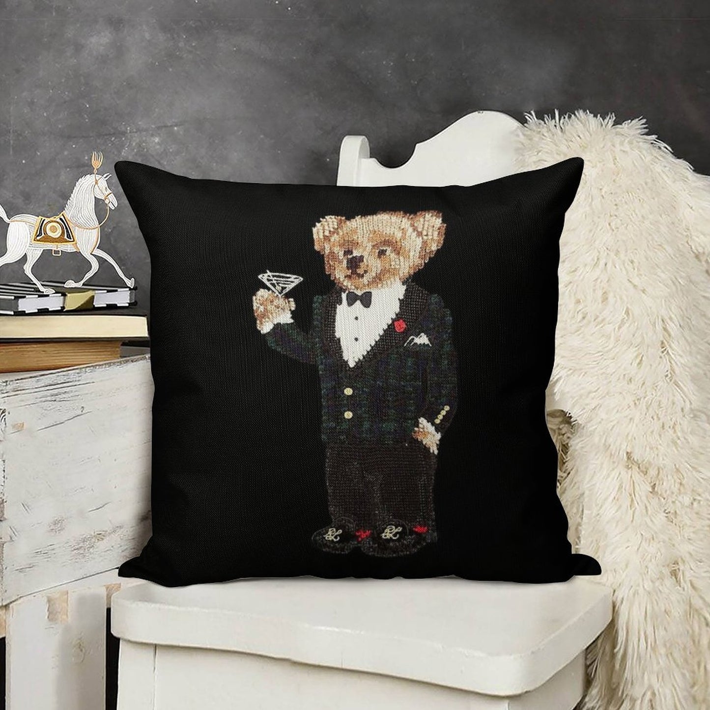 Gentleman Bear Linen Throw Pillow Cover