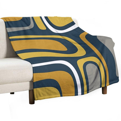 Palm Springs Mid-Century Modern Abstract Pattern in Light And Dark Mustard, Gray, And White on Navy Blue Throw Blanket
