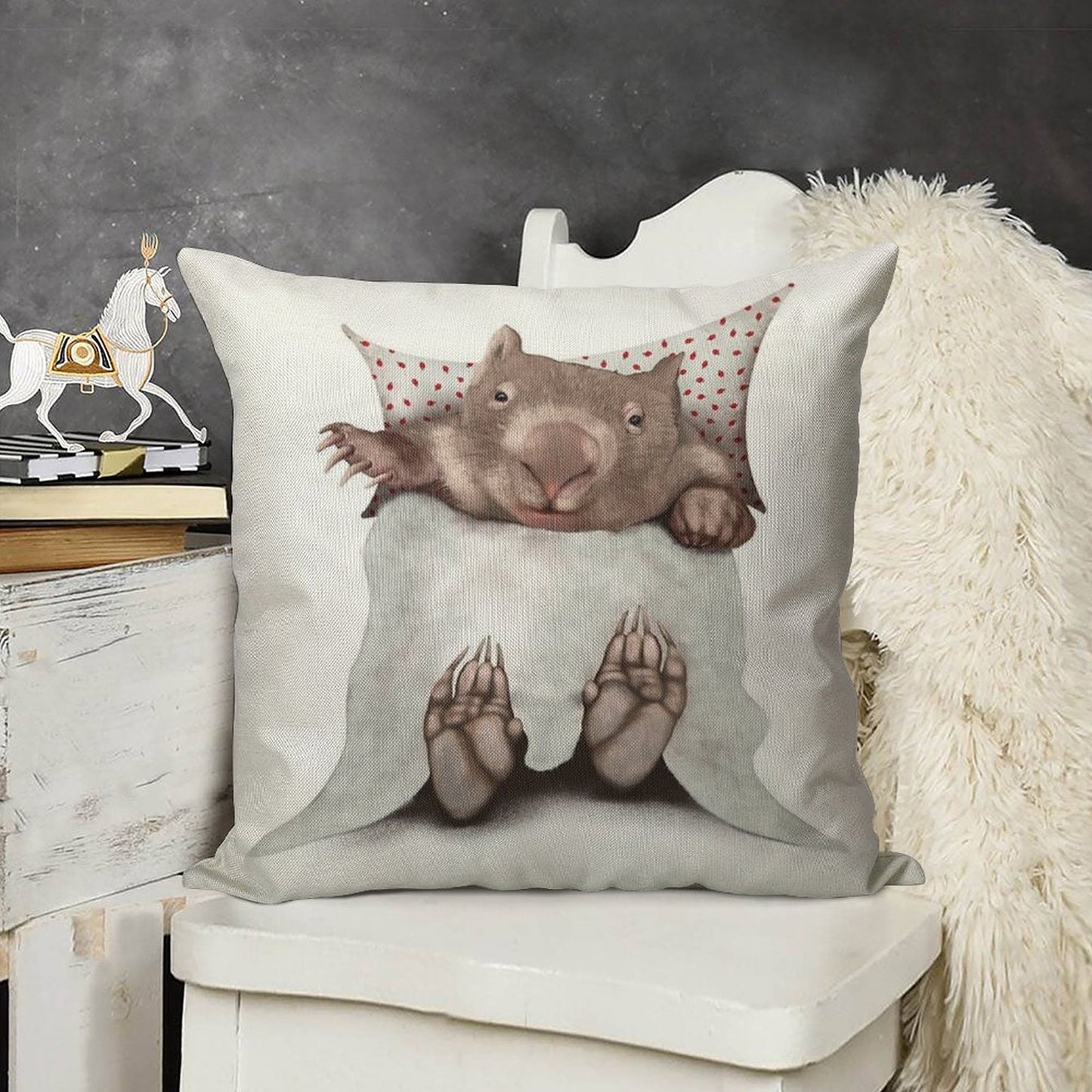 Wombat in Bed Linen Throw Pillow Cover