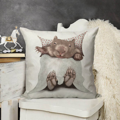 Wombat in Bed Linen Throw Pillow Cover