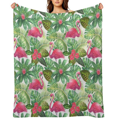 Tropical Exotic Seamless Pattern with Pink Flamingos on White Background Throw Blanket