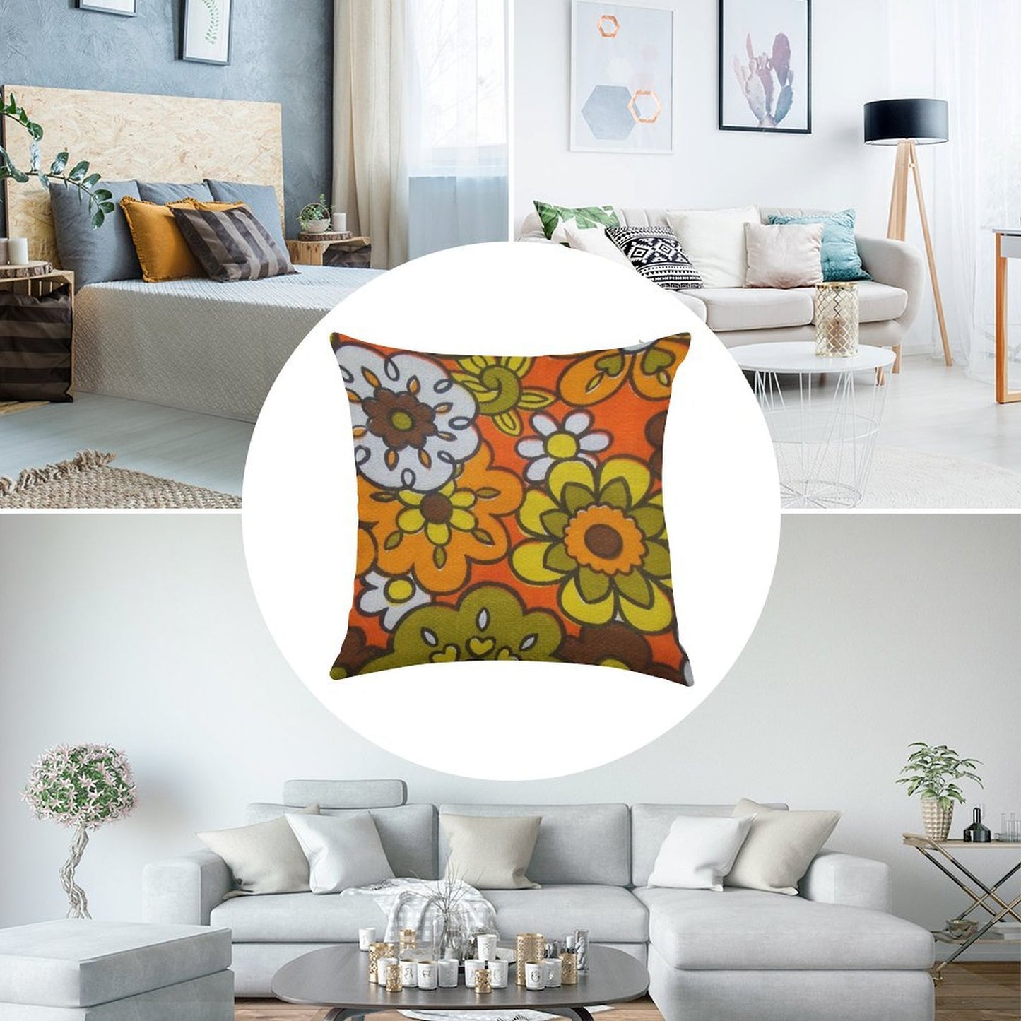 Retro Cool Mid Century Floral Fabric Design in Avocado Green, Harvest Gold, Brown, And Orange Linen Throw Pillow Cover
