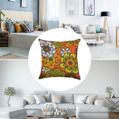 Retro Cool Mid Century Floral Fabric Design in Avocado Green, Harvest Gold, Brown, And Orange Linen Throw Pillow Cover