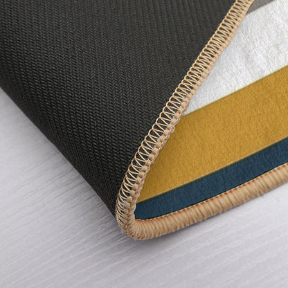 Broad Stripes Pattern in Light And Dark Mustard Yellow, Grey, White, And Navy Blue Bath Mat