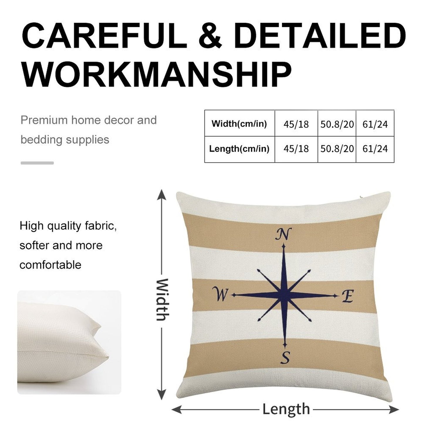 Nautical Navy Blue Compass On Tropical Tan And White Stripes Linen Throw Pillow Cover