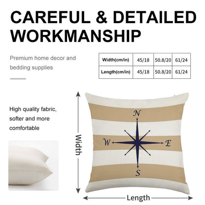 Nautical Navy Blue Compass On Tropical Tan And White Stripes Linen Throw Pillow Cover