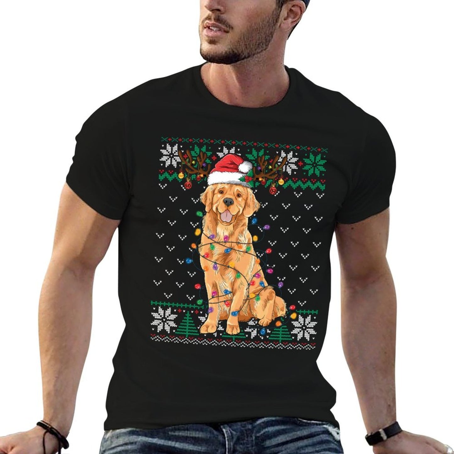 Golden Retriever Christmas Ugly Sweater Funny Dog Lover Xmas Sweatshirt  Cotton T-Shirt
