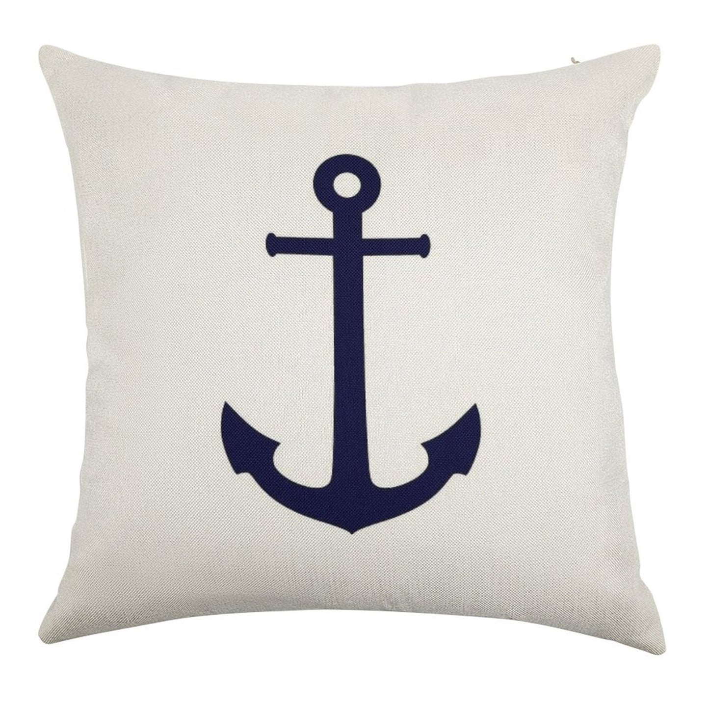 Navy Blue Anchor On White Linen Throw Pillow Cover