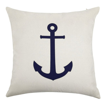 Navy Blue Anchor On White Linen Throw Pillow Cover