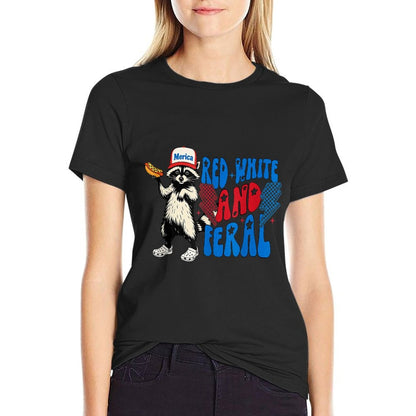 Funny Raccoon 4th Of July Patriotic Cute Red White And Feral  Soft T-Shirt