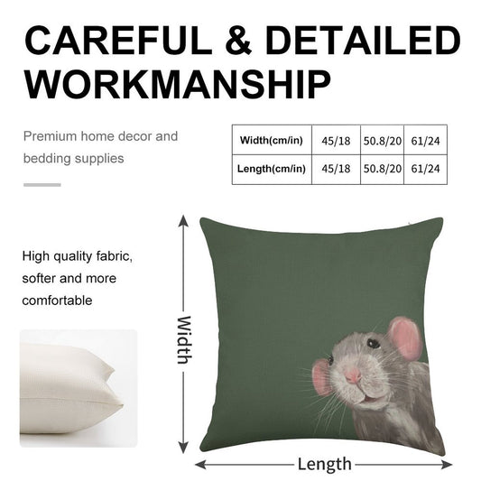 The Peeking Rat (Green) Linen Throw Pillow Cover